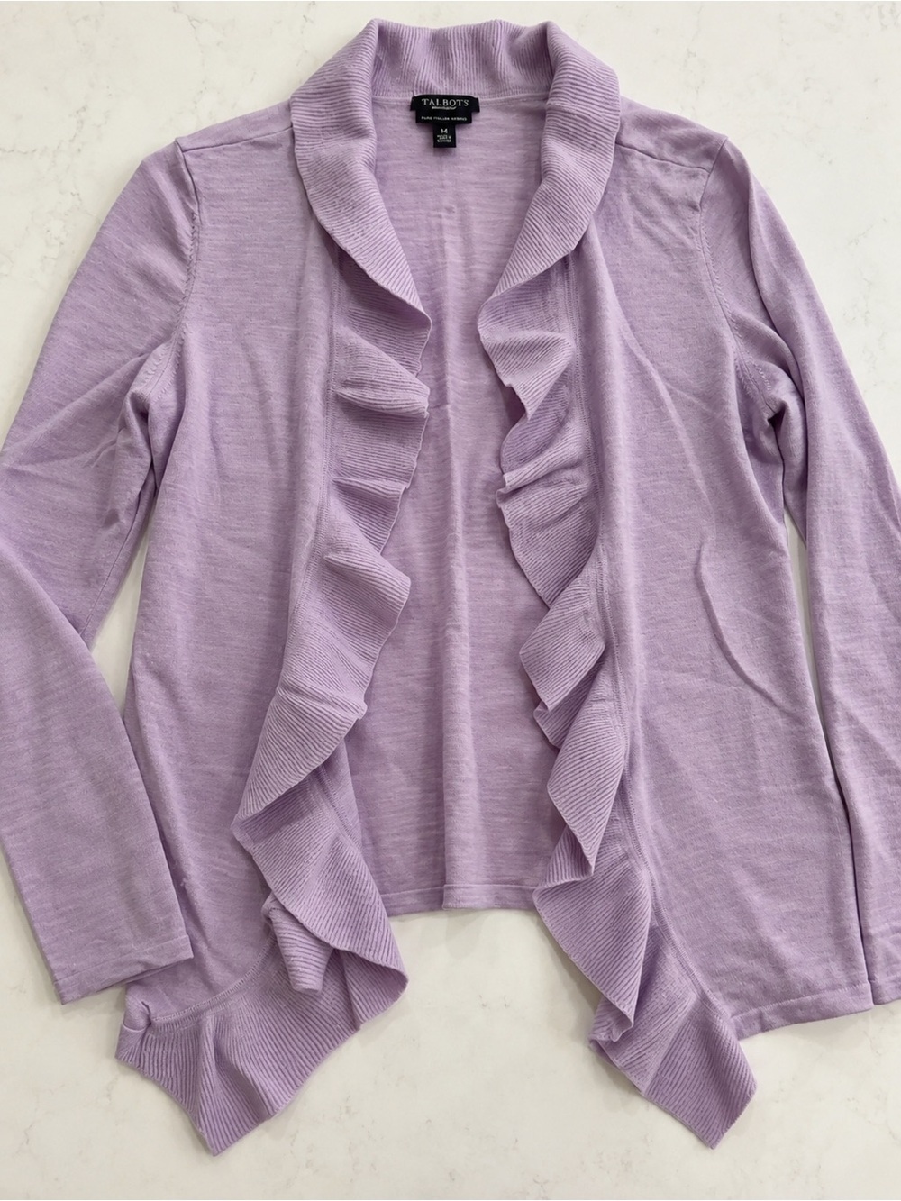 Talbots Pure Italian Merino Wool Ruffle Cardigan Lavender M - Picture 4 of 6